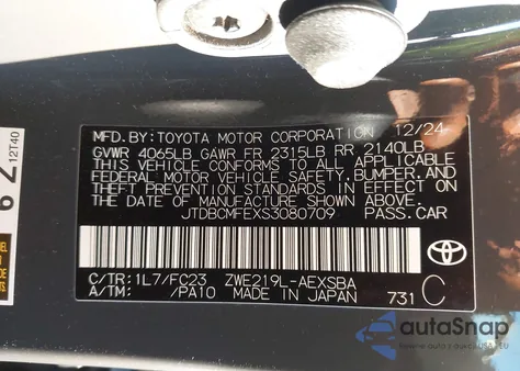 2025 Toyota Corolla Hybrid Se from USA, damaged, VIN JTDBCMFEXS3080709